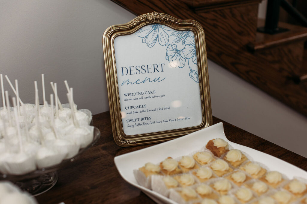 dessert menu featuring wedding cake and dessert bites