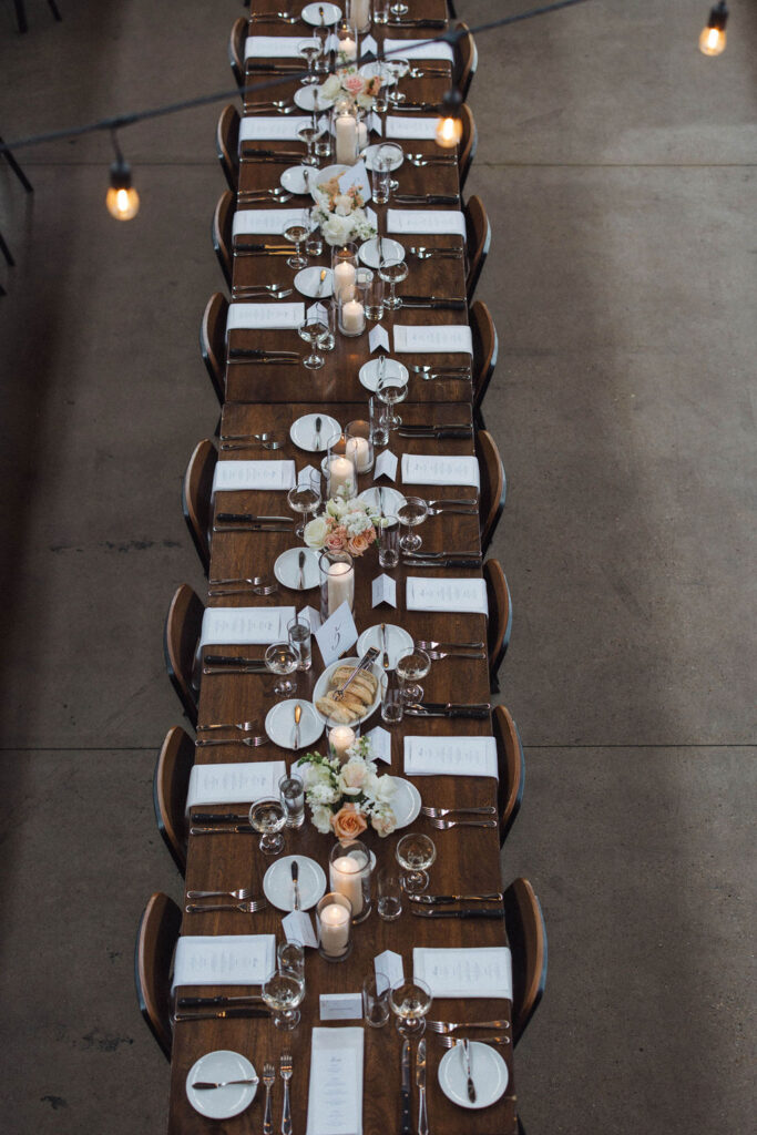overhead view of reception tables at Olive and Oak wedding
