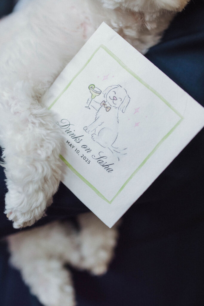 customized cocktail napkins with bride and groom's dog
