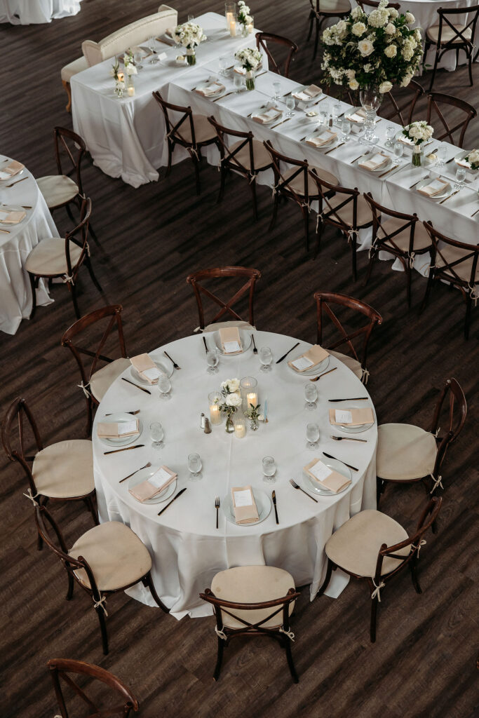 overhead view of Silver Oaks Chateau wedding reception with round and banquet tables