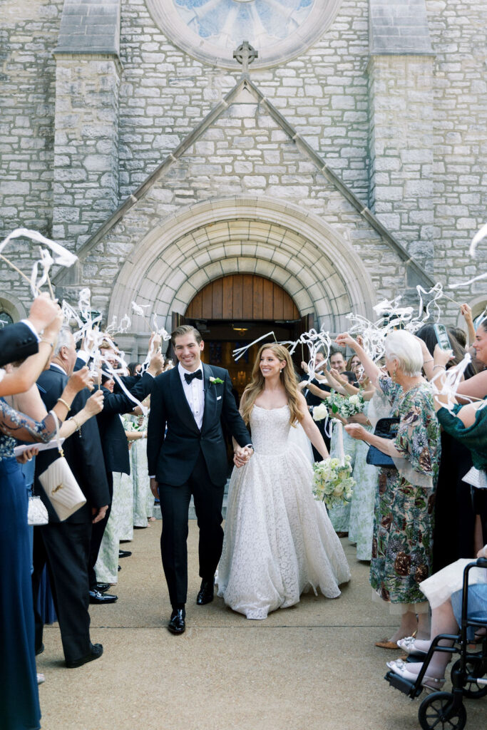 Bride and Groom church Exit with Ribbon Wands