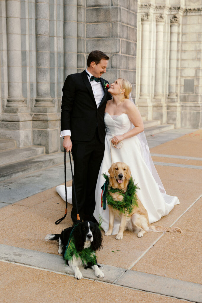 St Louis Union Station bride and groom with pups